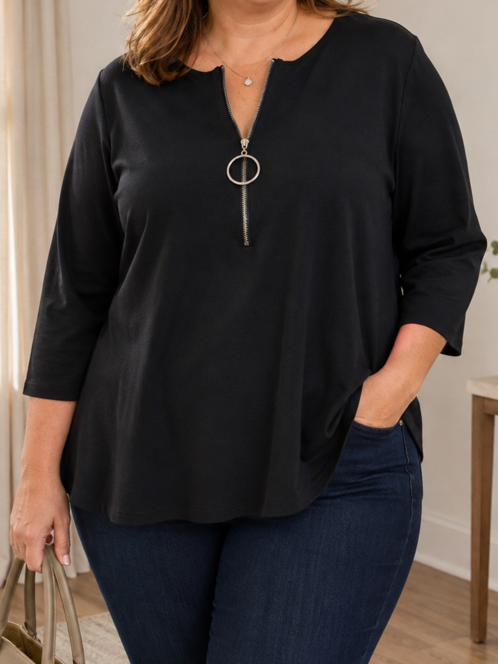 Alfani Tunic Top Black 3/4-Sleeve split-neck silver O-Ring Zip peplum stretch XL
